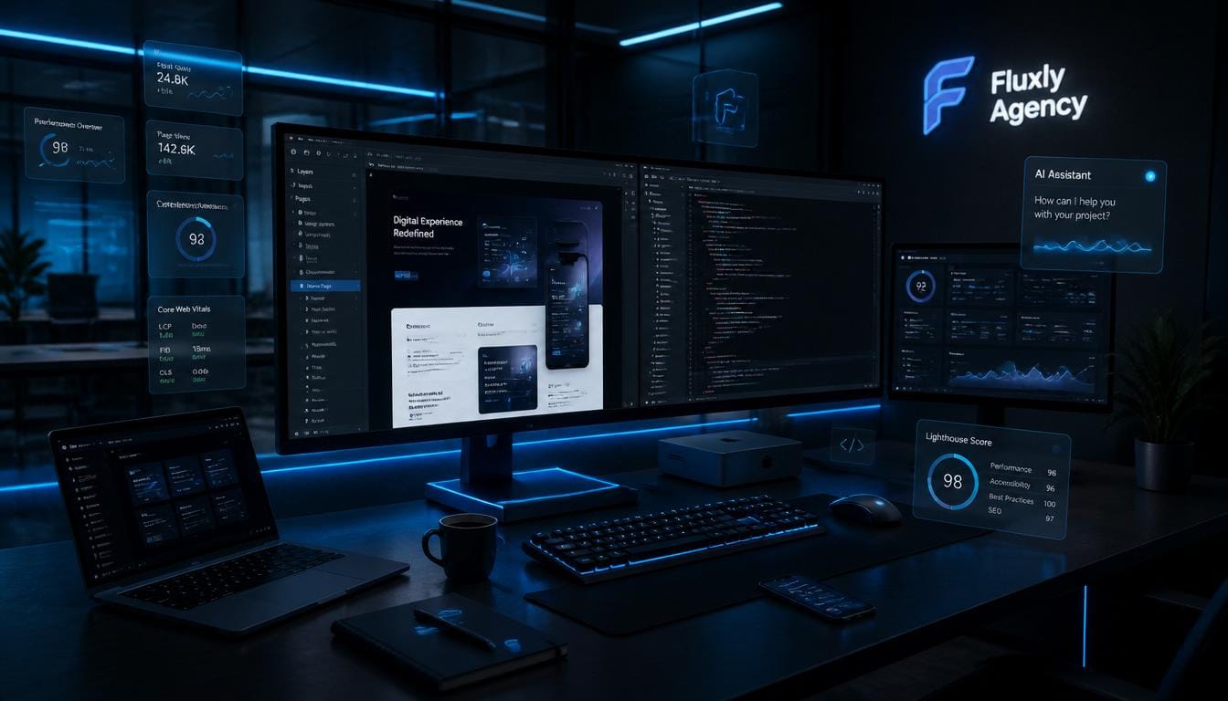 Fluxly Agency — modern studio with UI/UX design screens, a code editor, and live analytics